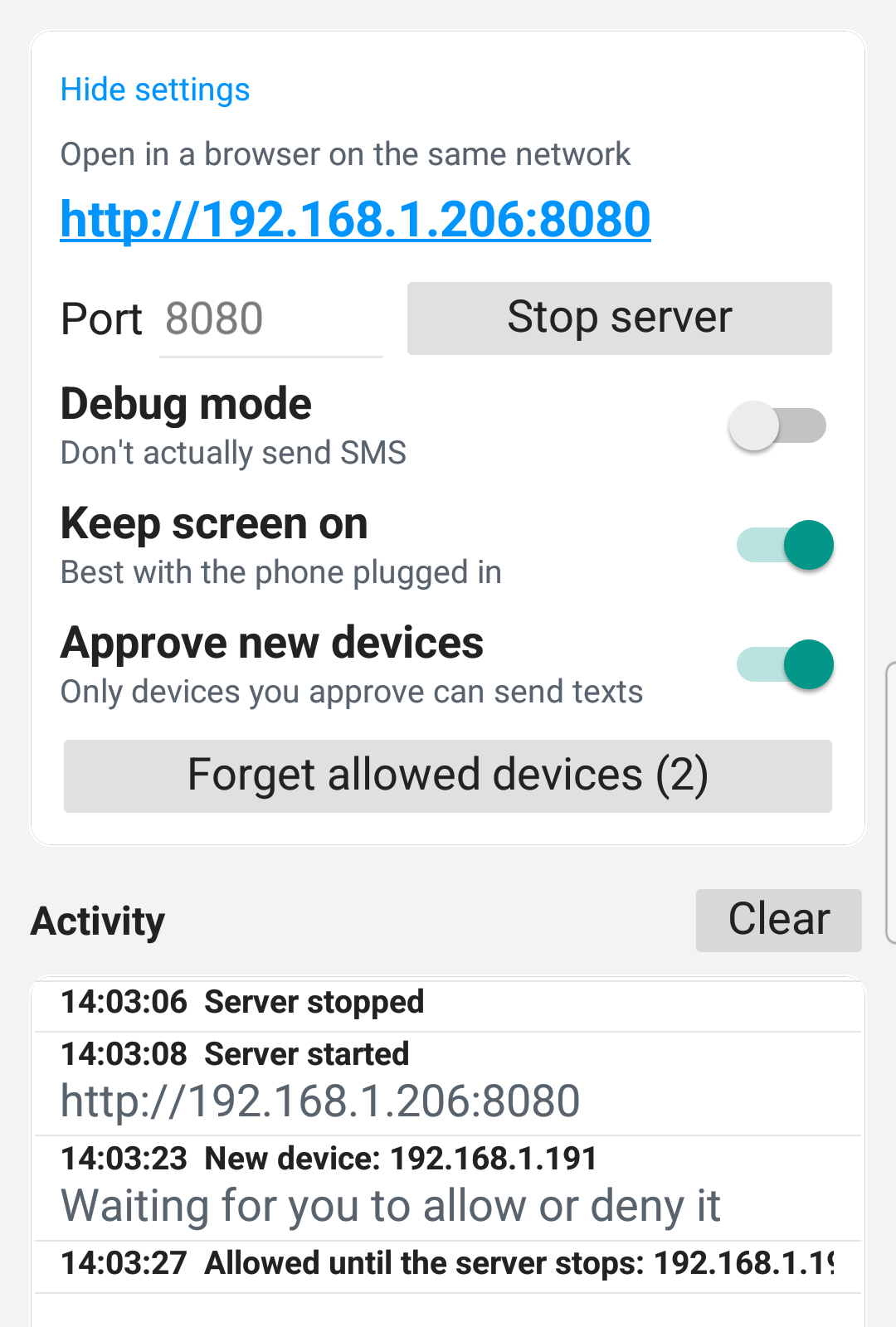 The app's settings: the address to open, port, debug mode, keep screen on and approve new devices.
