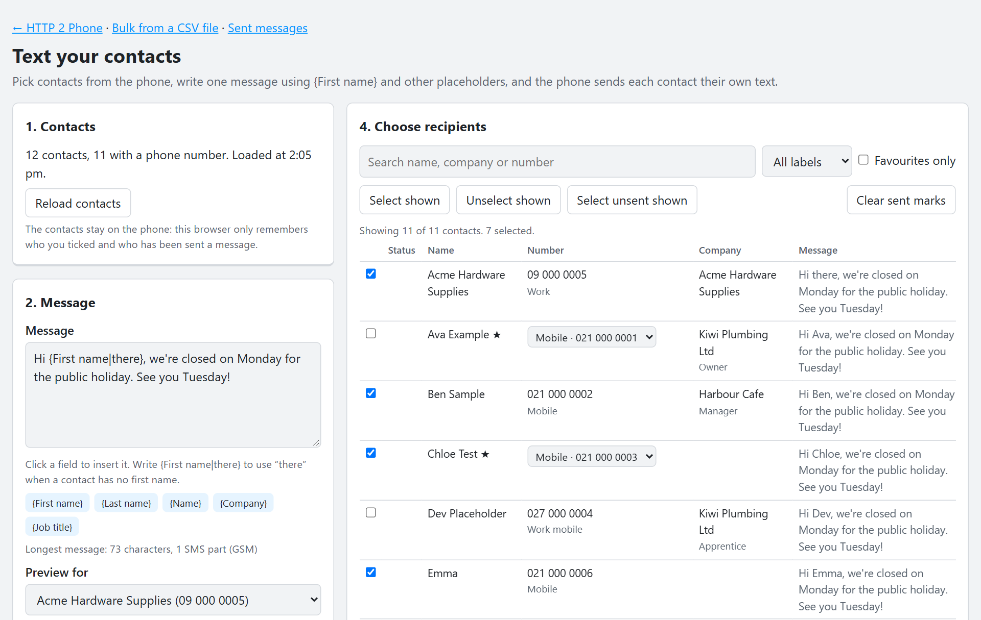 The contacts page: a holiday closure message merged with each contact's first name, with some contacts ticked.