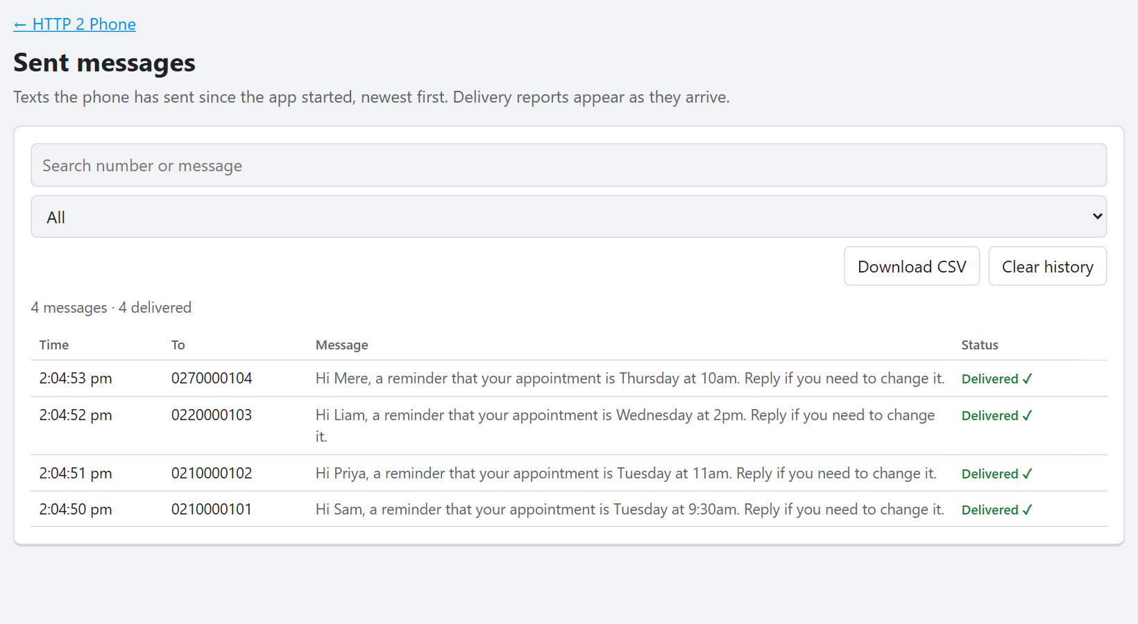 The sent messages page: four appointment reminders, all delivered.