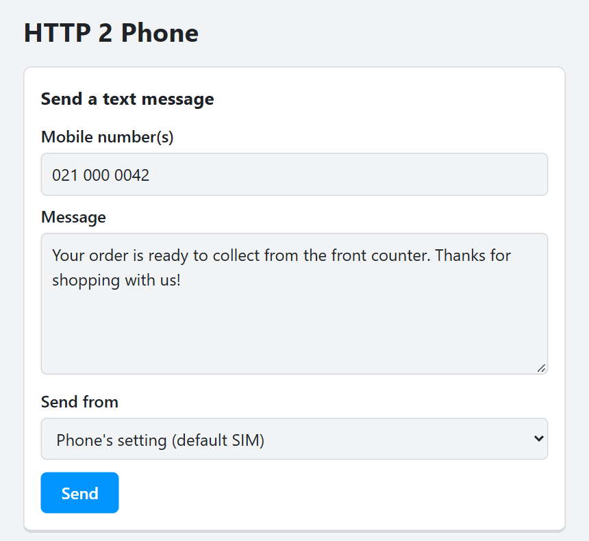 The send page with a mobile number, a message and a Send button.